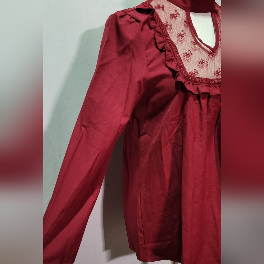 StyleDome Women's NWT Red Lacc High Neck Long Sleeve Ruffle Blouse Size Small 🐈 - Picture 6 of 11